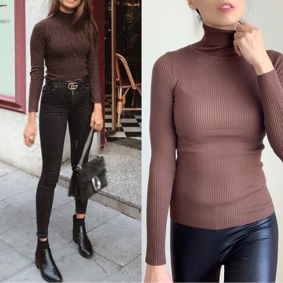 SOFT SLIM FIT TURTLENECK TOP - BROWN - Picture 2 of 9